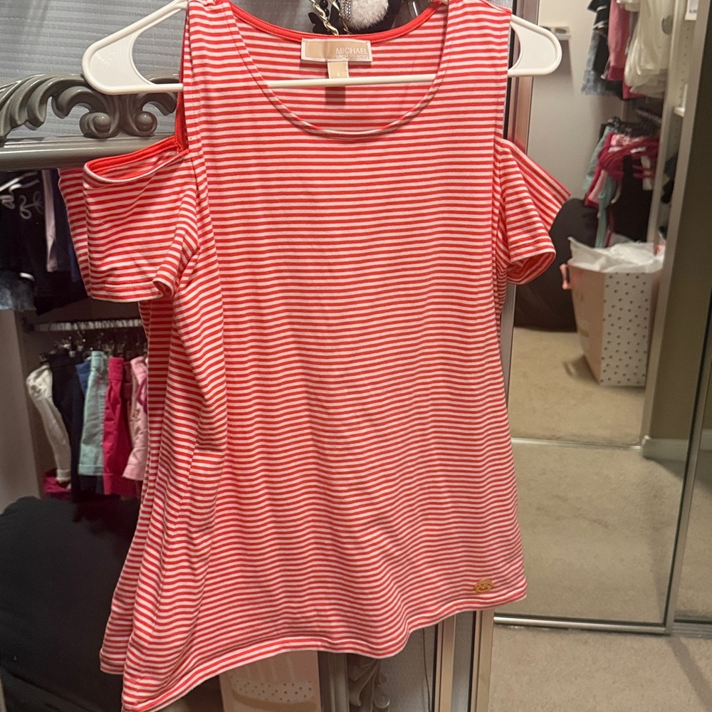 Michael Kors Orange and White Striped Cold Shoulder Top